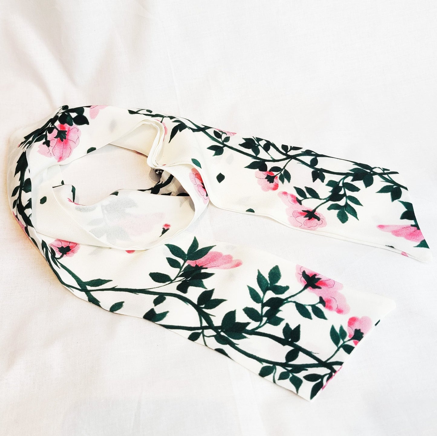 White Silk Skinny Scarf - Floral Vine Print - RBelliard