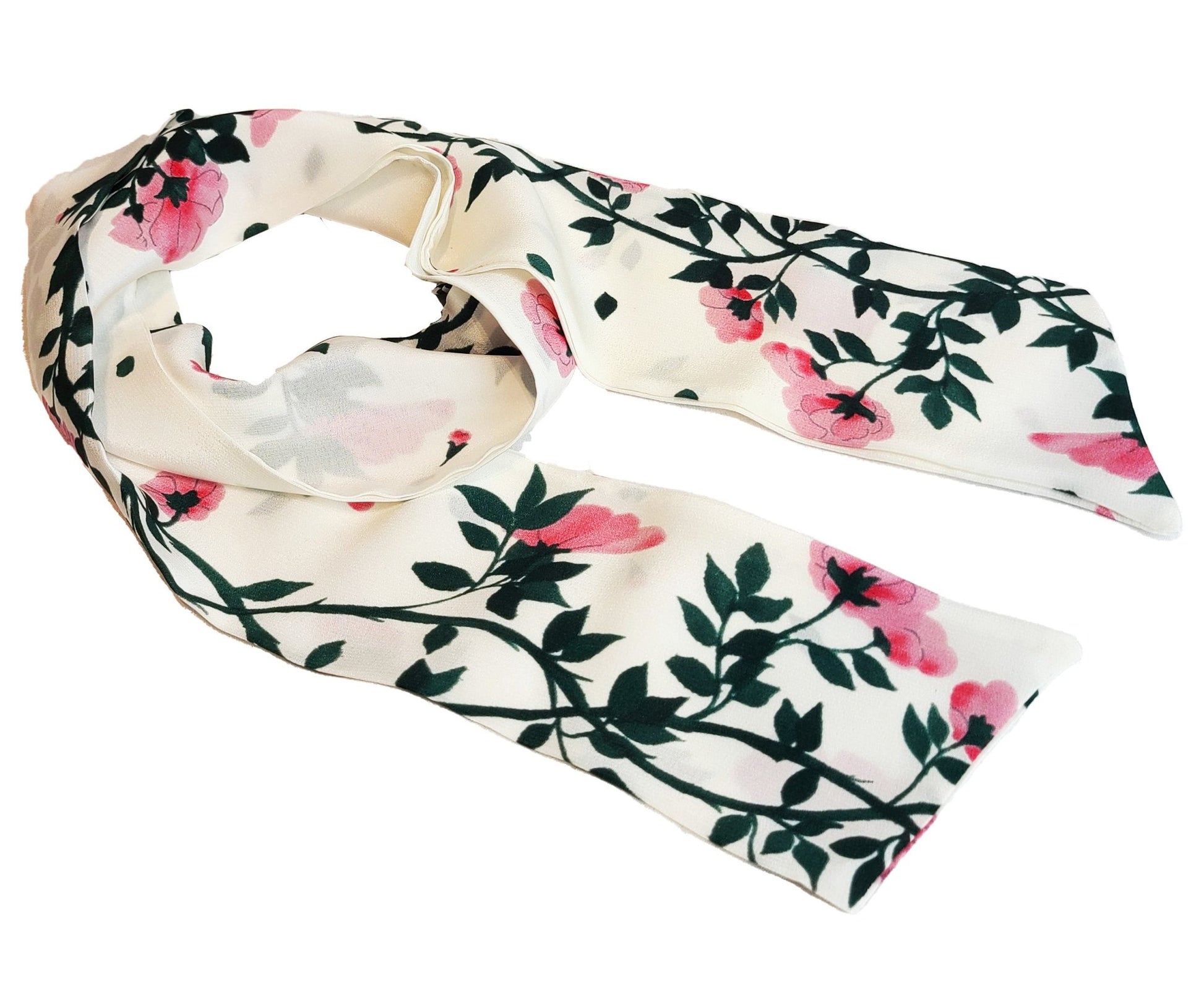 White Silk Skinny Scarf - Floral Vine Print - RBelliard