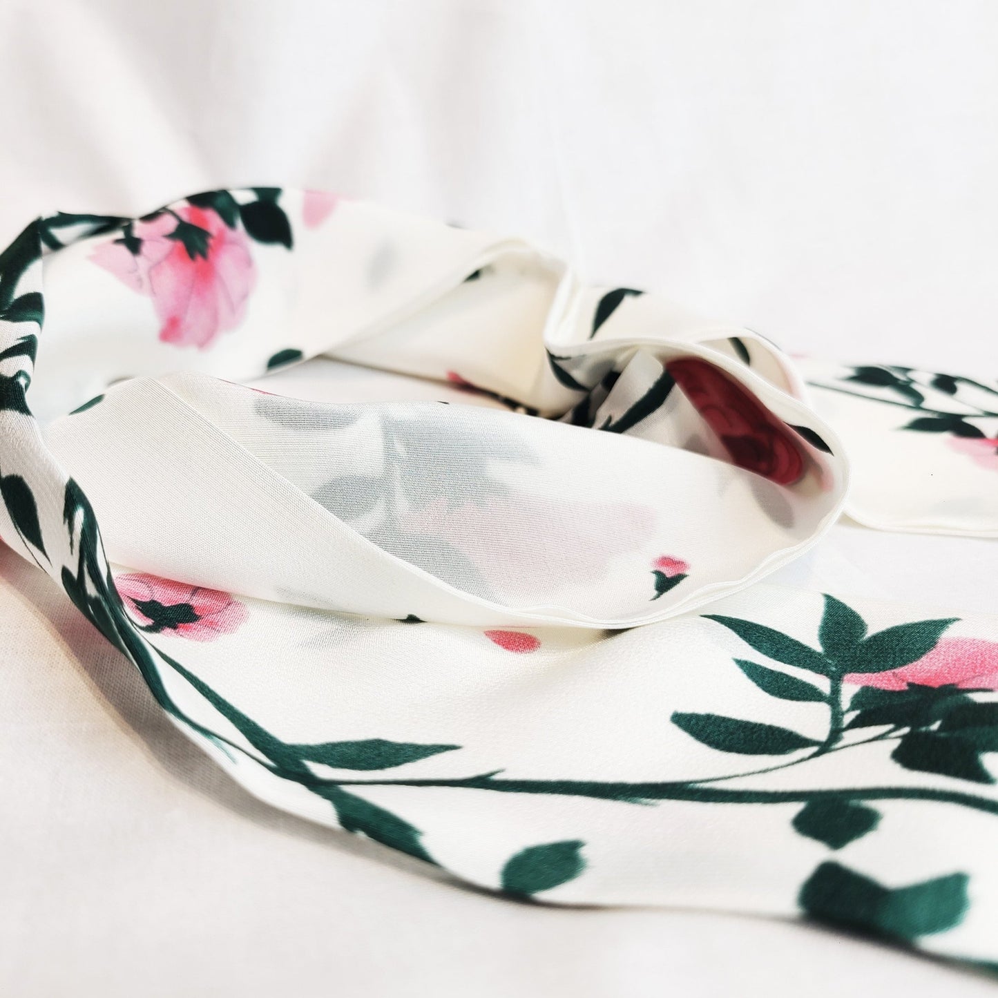 White Silk Skinny Scarf - Floral Vine Print - RBelliard