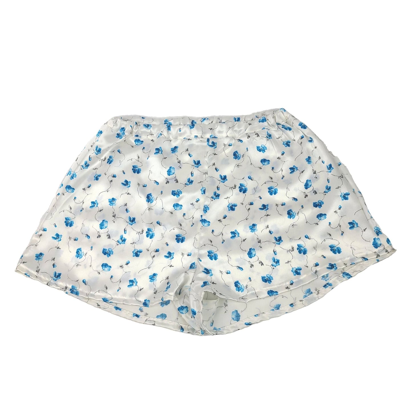 Silk Pajamas Short Set - White and Blue Floral Print - RBelliard