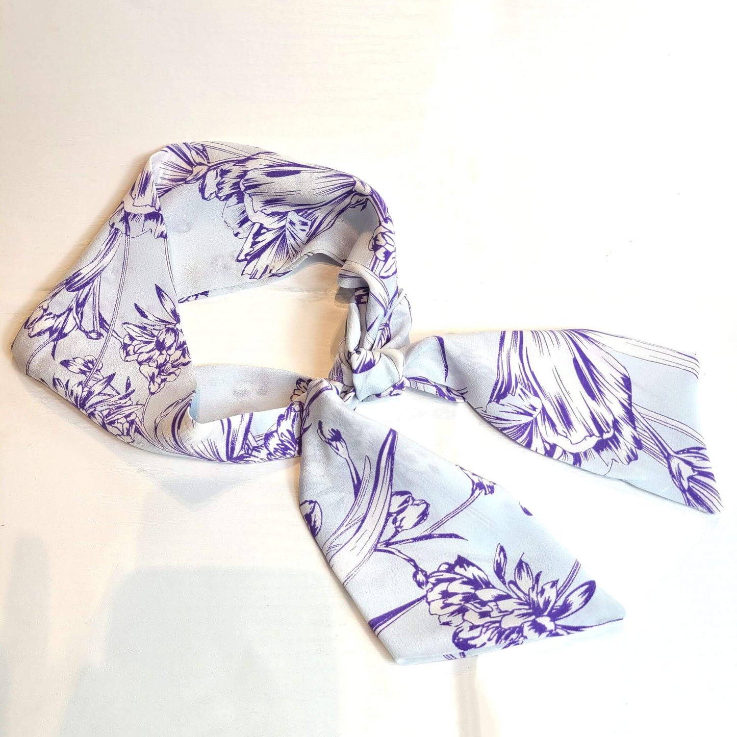 Silk Skinny Scarf - Light Blue & Purple Floral Print - RBelliard